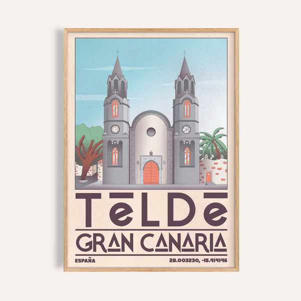 Front view of Telde Gran Canaria Art Print travel poster with cathedral towers and big TELDE text