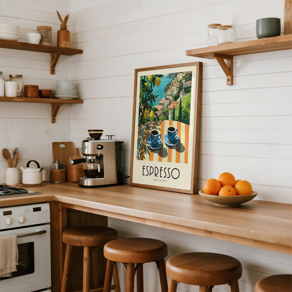 Colorful kitchen wall art featuring lemons and espresso in Italy