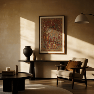 Bordered elephant wall art print with dense botanical vines and small birds around the central figure
