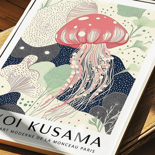 Soft abstract Unique Large Wall Art with jellyfish illustration and dotted textures.