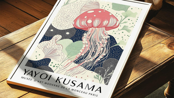 Soft abstract Unique Large Wall Art with jellyfish illustration and dotted textures.