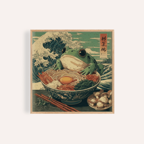 Frog Ramen Art print in green, blue, and gray for dining room wall