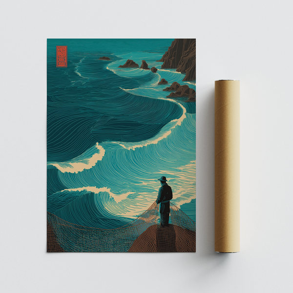 Ocean Fisherman Wall Art wall print featuring net detail on rocky ledge