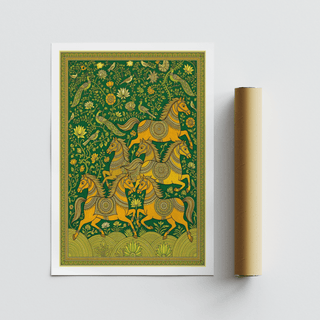 Pattern-rich animal wall graphic combining horses, flowers, and border