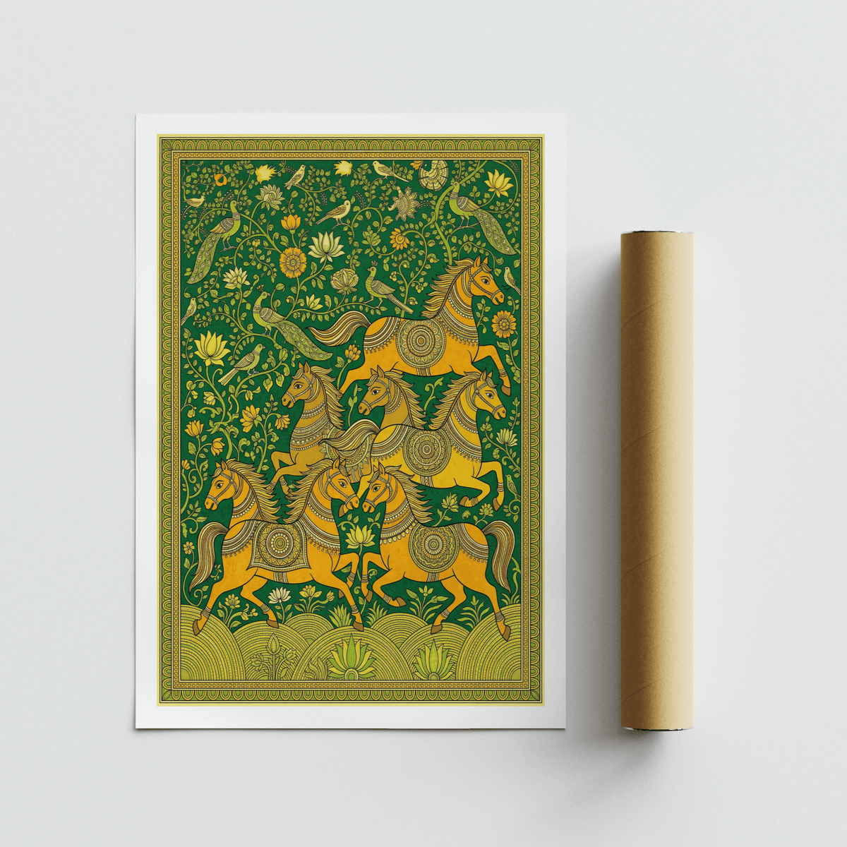 Pattern-rich animal wall graphic combining horses, flowers, and border