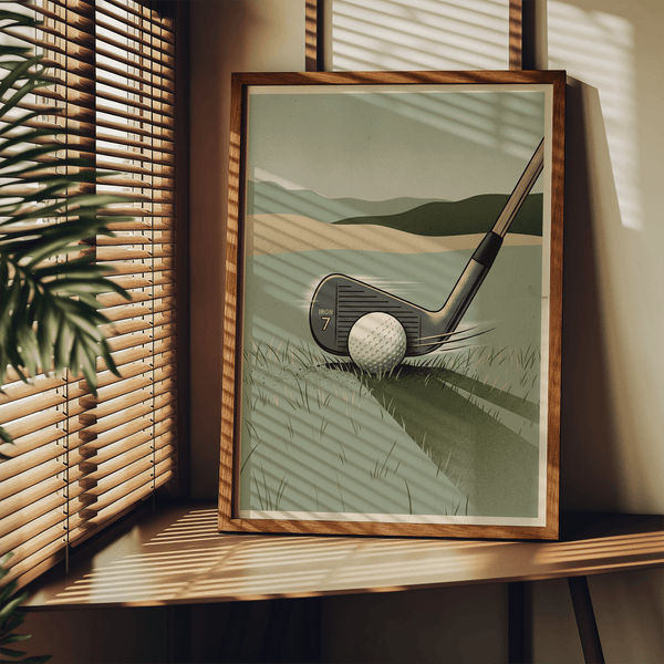 Vintage-style print of a golf iron and ball on grass with motion lines near the club
