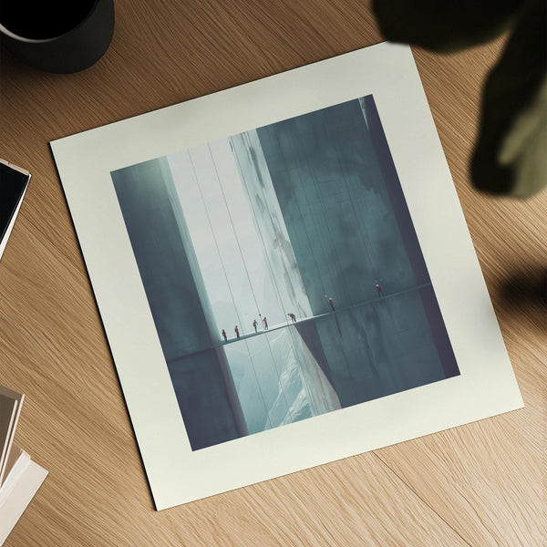 Modern surrealist architecture poster with muted atmospheric tones