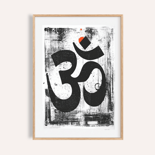 Abstract Om Art Print poster on white wall with orange accent dot