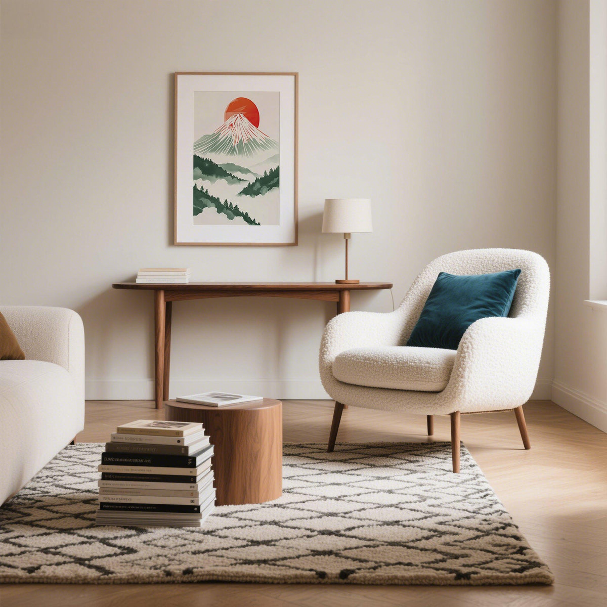 Modern print of Japanese mountains and forest with crisp, clean design.