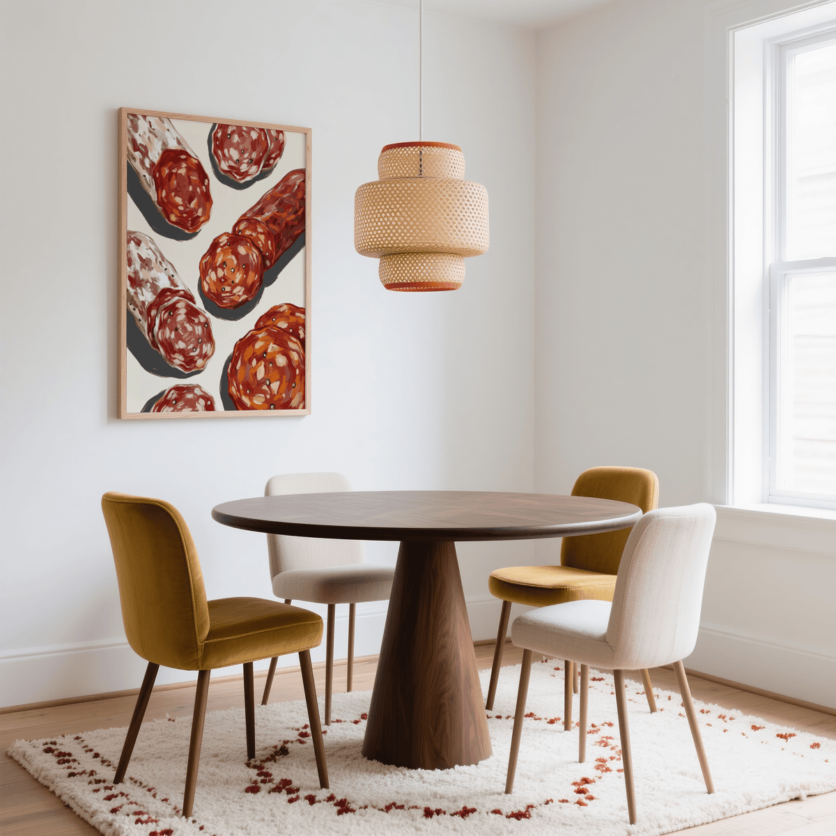 Italian Salami Print white details in art print for contemporary kitchen