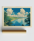 Detailed Hasui Kawase seascape print depicting coastal cliffs, bay curve, and towering clouds