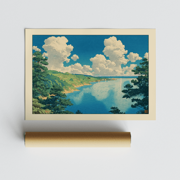 Detailed Hasui Kawase seascape print depicting coastal cliffs, bay curve, and towering clouds