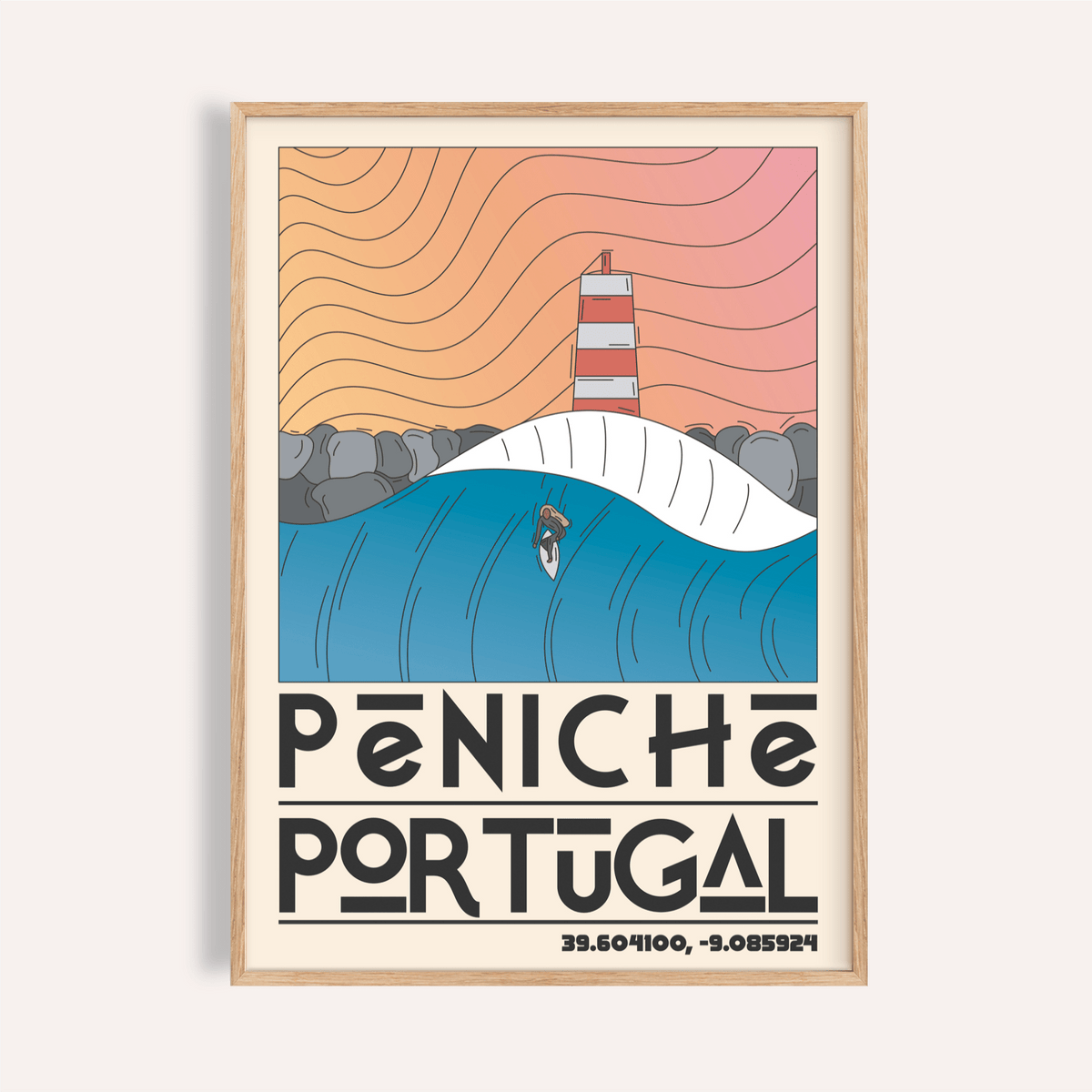 Peniche Portugal Wall Art poster mockup framed on white wall