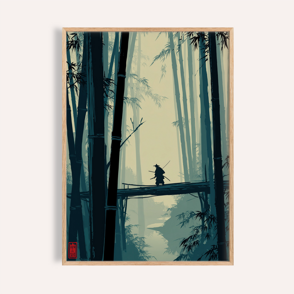 Japanese Bamboo Art Print of misty forest with bridge figure
