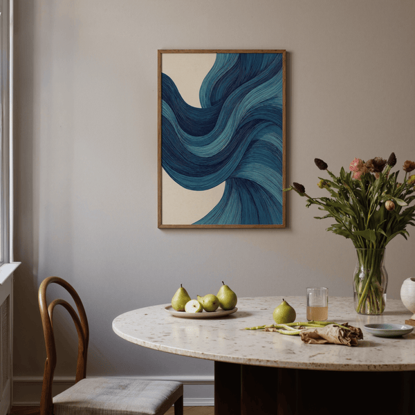 Abstract Wave Art Blue Beige art print for modern living room walls