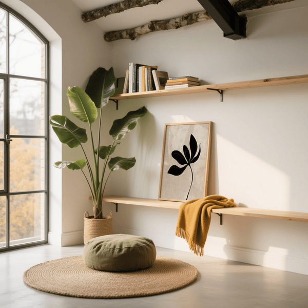 Minimalist Botanical Wall Art with botanical black design on beige, wall art print for lounge