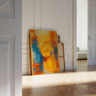 Blue and orange abstract art showing a blurred human silhouette in vibrant warm hues.