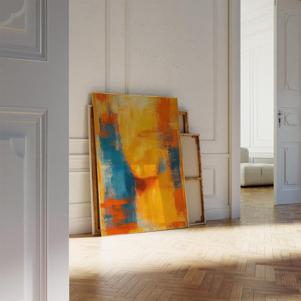 Blue and orange abstract art showing a blurred human silhouette in vibrant warm hues.