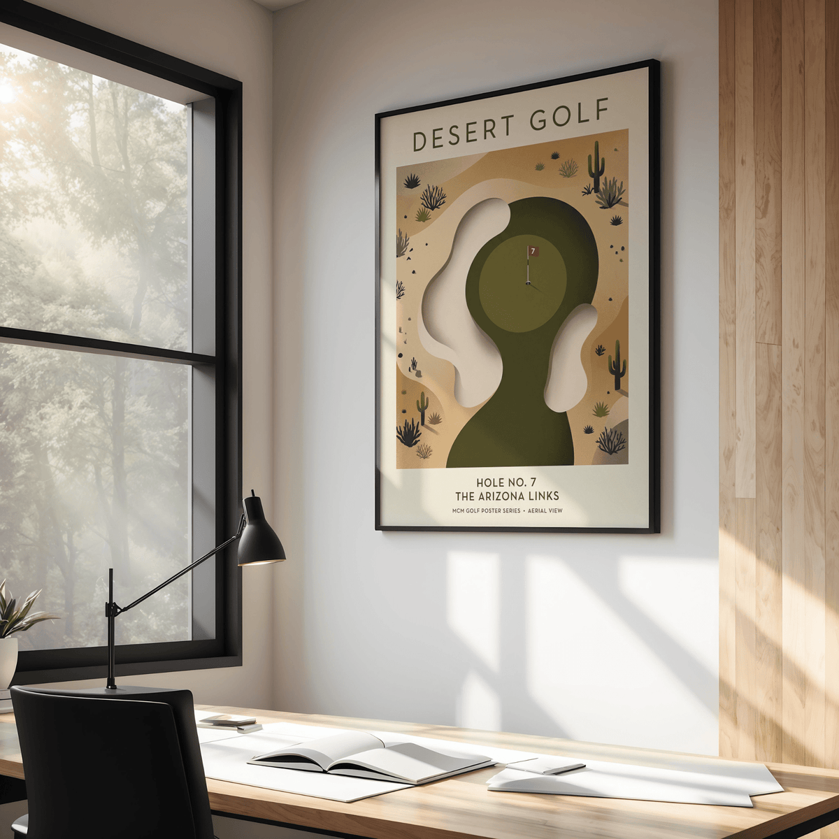 Graphic desert course wall art featuring sand traps and scattered shrubs