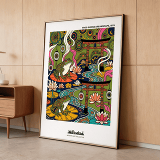 Depicting shrine scene with two frogs, Japanese Frog Art Print wall art with lotus blooms and hanging lanterns