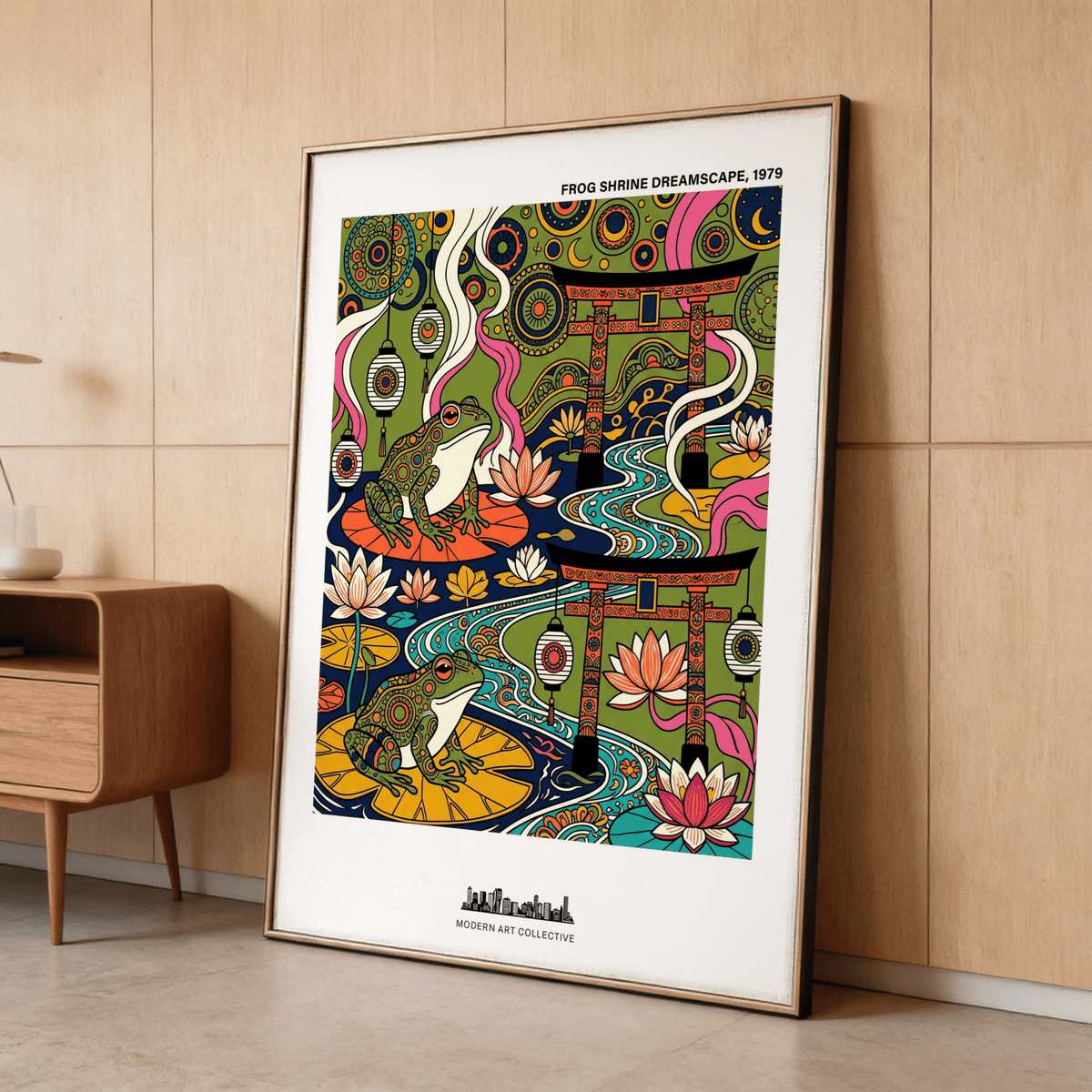 Depicting shrine scene with two frogs, Japanese Frog Art Print wall art with lotus blooms and hanging lanterns