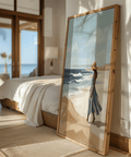 Beach Woman Art Print highlights Blue, Beige, White for dining area decor