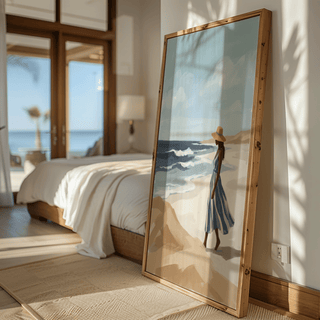 Beach Woman Art Print highlights Blue, Beige, White for dining area decor
