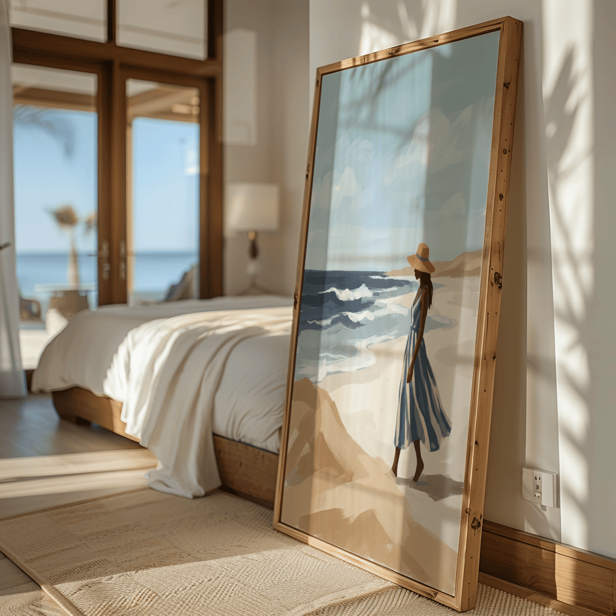 Beach Woman Art Print highlights Blue, Beige, White for dining area decor