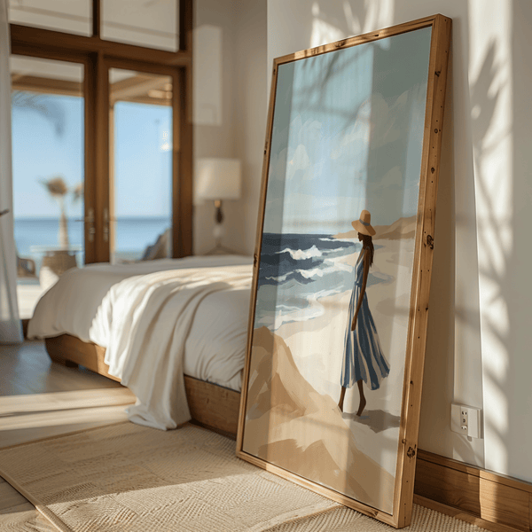 Beach Woman Art Print highlights Blue, Beige, White for dining area decor