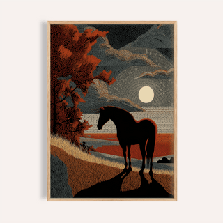 Framed print close-up of horse silhouette art with reds and greys and sun at dusk