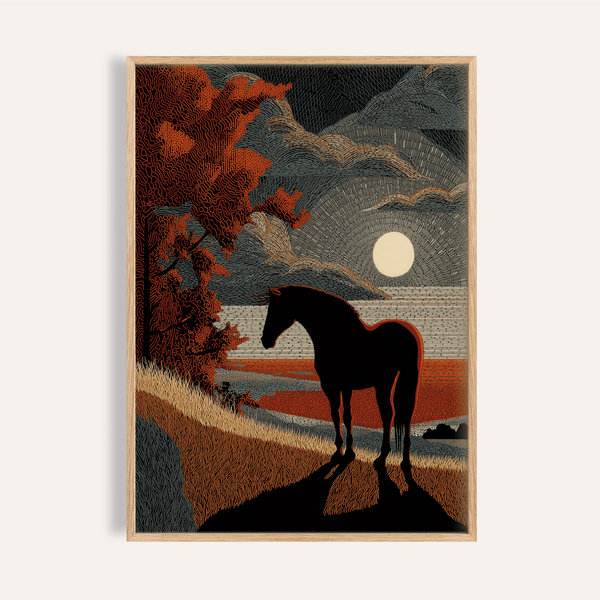 Horse Silhouette Art Print poster showing standing horse against moon
