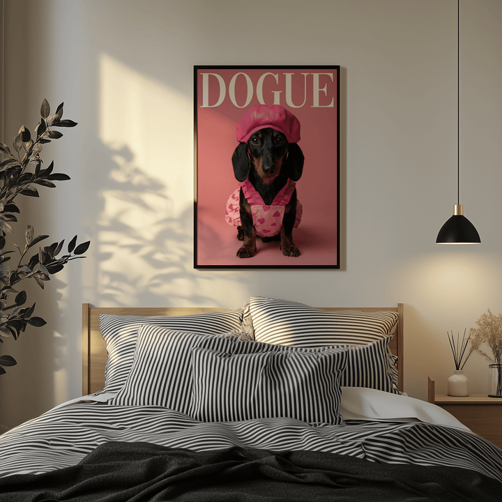 Fashion Dachshund wall art of a dog in pink outfit above a bed in a bedroom