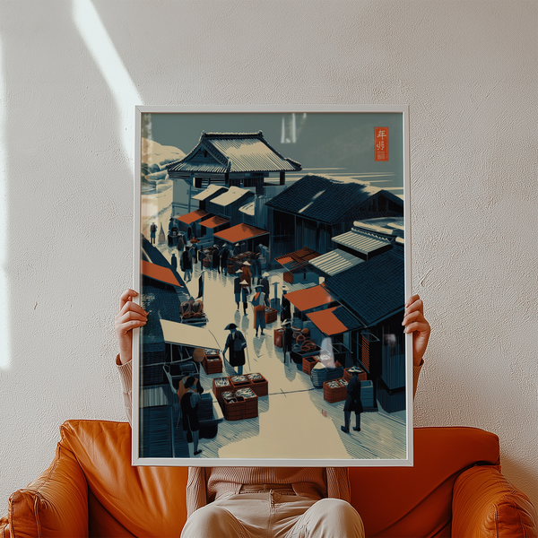 Captured market lane scene poster with people walking between wooden buildings