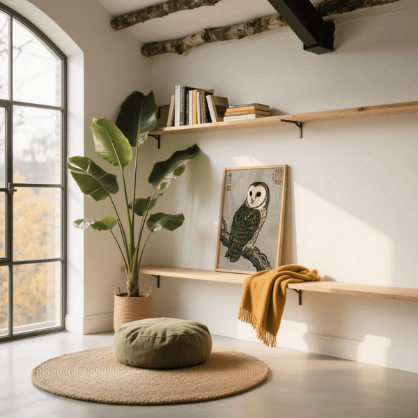 Japanese Owl Art Print in green and white, perfect for entryway decor