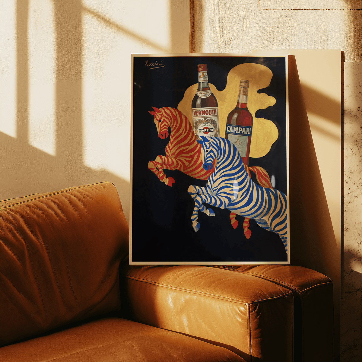 Vintage Beverage Art print showcasing classic bottles, perfect for living room decor