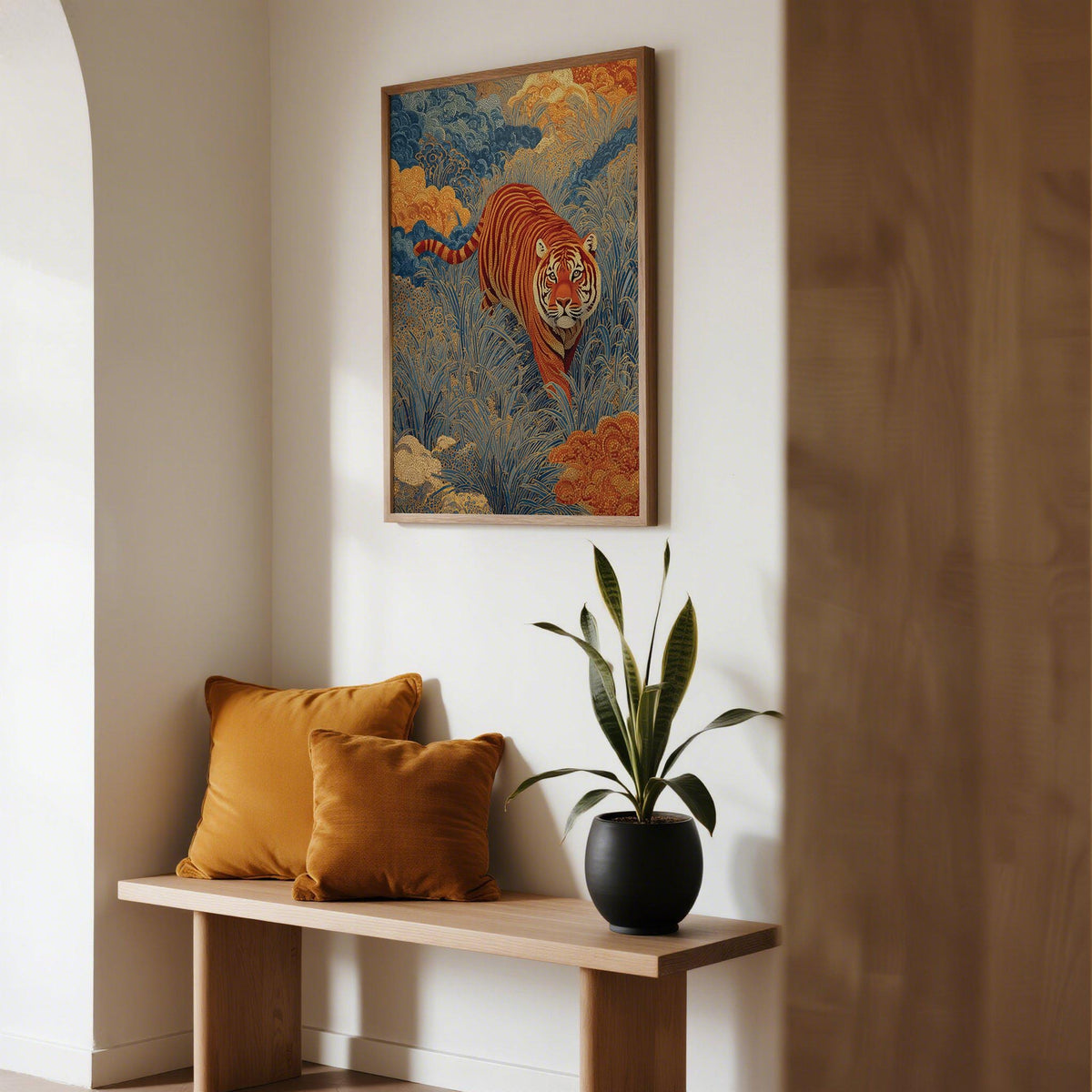 Traditional Japanese Tiger Art Print with a rust-colored tiger and indigo clouds.