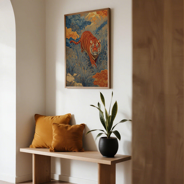 Traditional Japanese Tiger Art Print with a rust-colored tiger and indigo clouds.