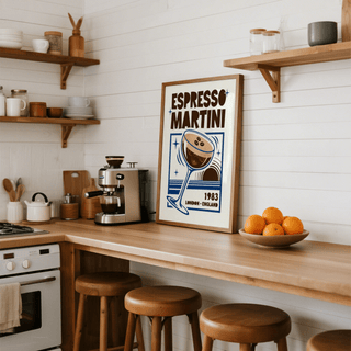 Retro Espresso Martini Print blue brown dining room poster
