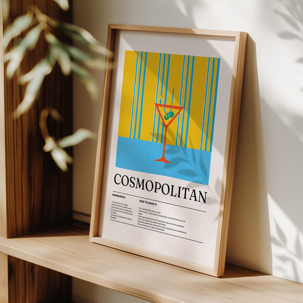 Retro Cosmopolitan drink print used as vibrant kitchen wall art.