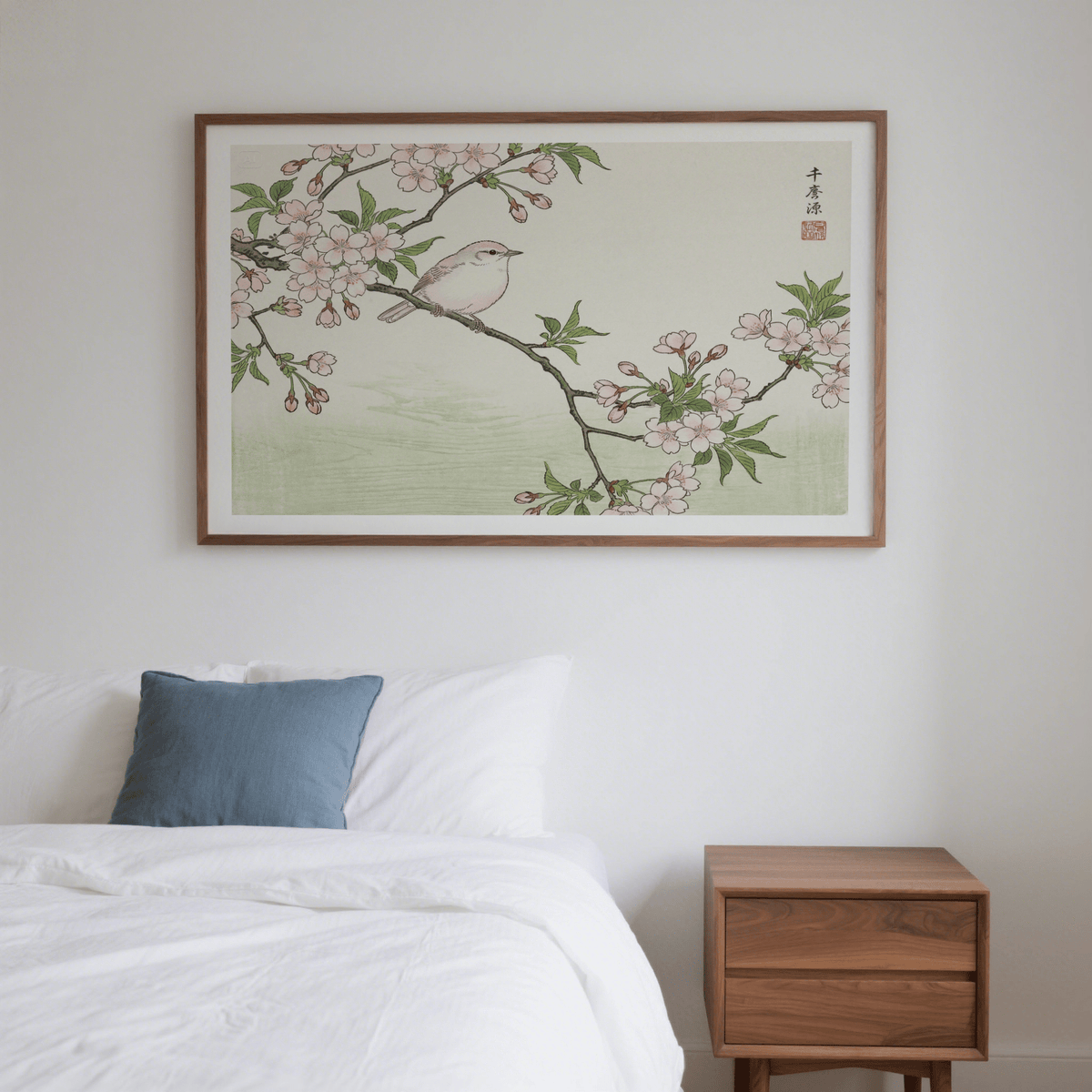 Diagonal cherry branch with perched bird in woodblock-inspired style