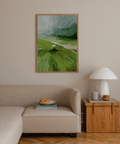Central golf ball on painterly fairway landscape poster