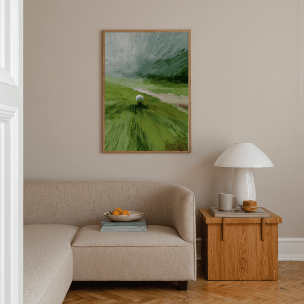Central golf ball on painterly fairway landscape poster