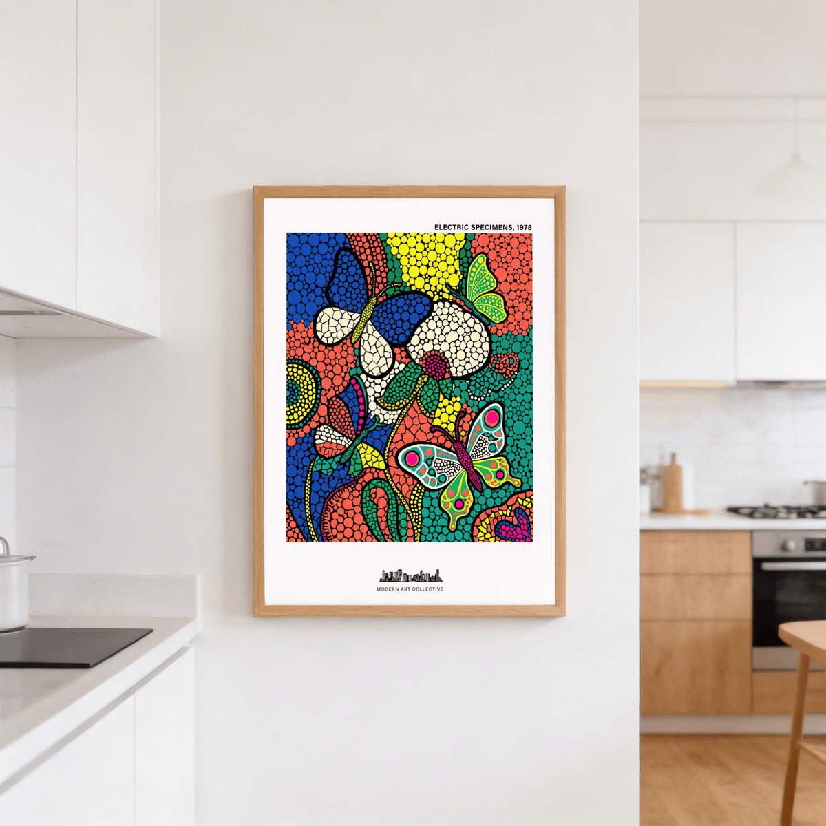 Modern pop art composition with layered leaves and curved stems