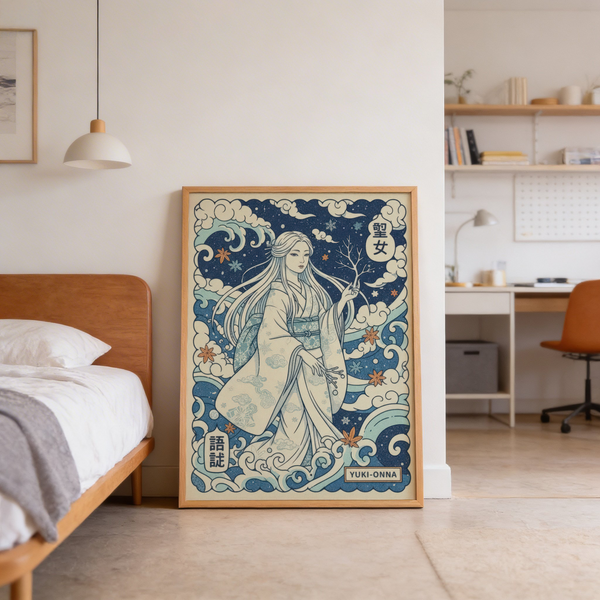 Woodblock-style illustration with layered waves and winter motifs