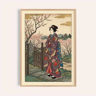 Portrait-style Japanese print poster of a woman in kimono beside a wooden gate and blossom trees