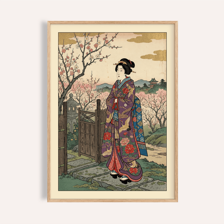 Portrait-style Japanese print poster of a woman in kimono beside a wooden gate and blossom trees