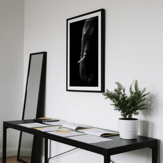 Black and white elephant wall art highlighting wrinkled skin detail