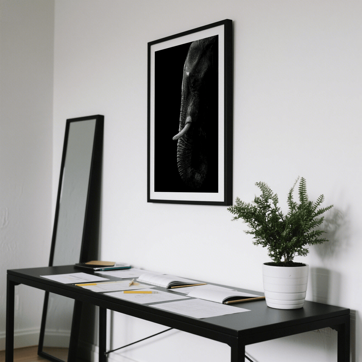 Black and white elephant wall art highlighting wrinkled skin detail