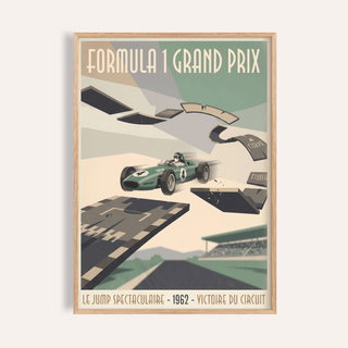 Overview of Formula 1 Vintage Art Print poster showing Grand Prix text and an open-wheel race car