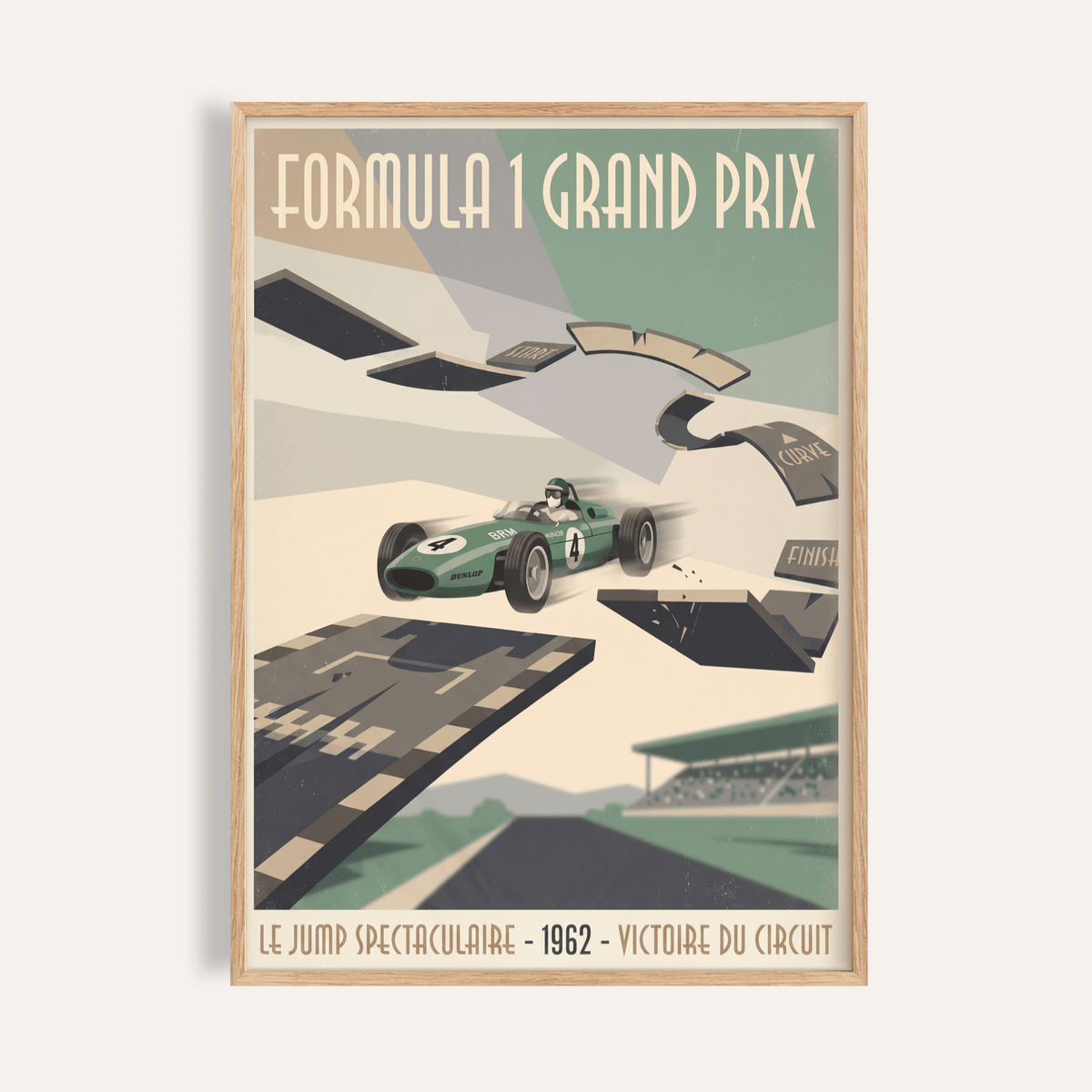 Overview of Formula 1 Vintage Art Print poster showing Grand Prix text and an open-wheel race car